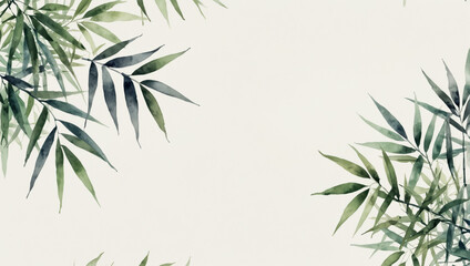 Naklejka premium A minimalist botanical illustration featuring delicate watercolor leaves on a soft beige background. Green leaves background
