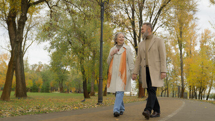 Happy old elegant couple walking in autumn park enjoying date senior man stroll with mature woman outside in city active retirement middle-aged 60s female and male grandparents walk together outdoors