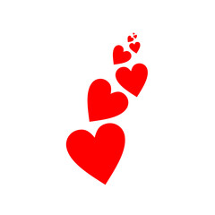 Minimalist illustration of multiple red hearts of varying sizes arranged in a curved, upward pattern on a white background, romantic heart