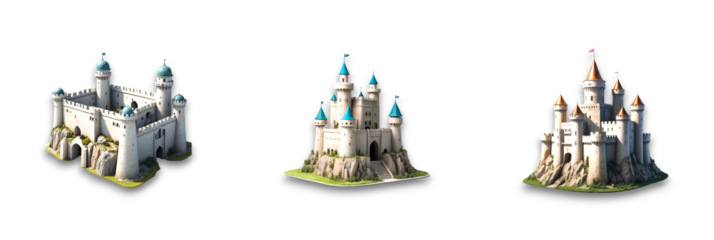 Three medieval castles isolated on a transparent background