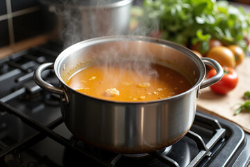 Simmering soup pot with fresh vegetables on kitchen counter