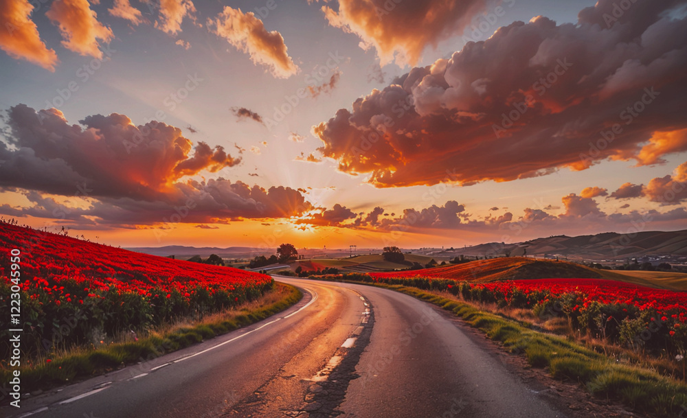 Poster road with a sunset in the background. the sky is cloudy and the sun is setting. the road is empty an