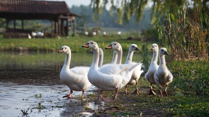 Obraz premium A family of geese with goslings waddling near a pond in the countryside.