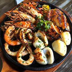 Grilled Seafood Platter with Shrimp, Scallops, and Squid on Wooden Background