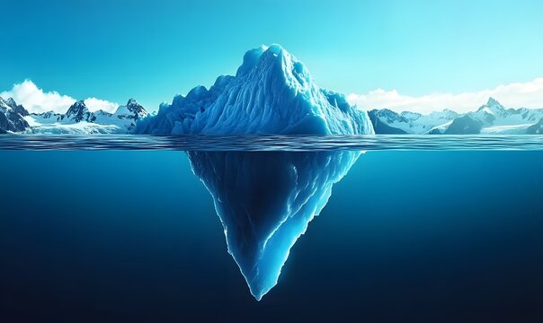 iceberg floating in a calm ocean, the golden hour sunlight illuminating the jagged ice above water, the deep blue mass extending below,shows hidden success,
