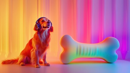 Whimsical dog in headphones beside vibrant boneshaped speaker