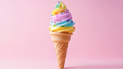 A colorful swirl of ice cream in a cone against a pastel background.