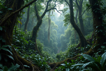 Dense jungle with hanging vines and wildlife sounds