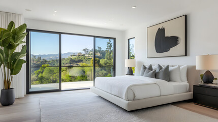 Fototapeta premium Bright bedroom with large windows and minimal decor.