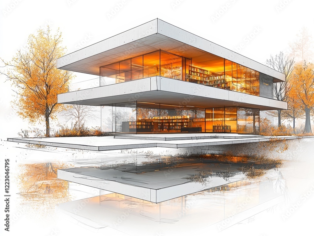 Poster striking modern library architecture with bold lines and large windows in a minimalist sketch concep