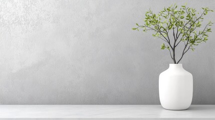 Minimalist plant vase on shelf, grey wall background, home decor, interior design