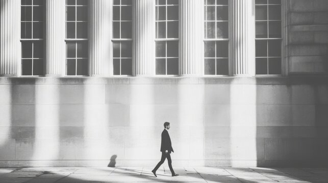 Man in suit walking past classical building.