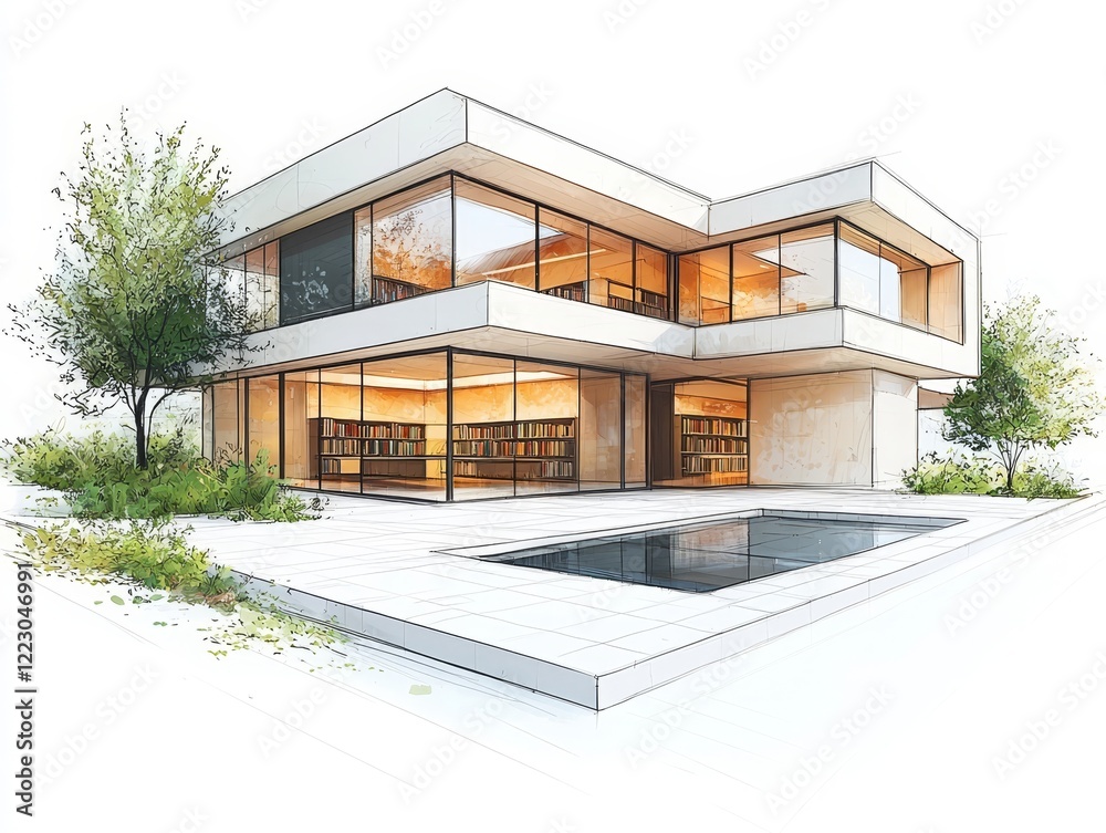 Fototapete sleek and minimalist modern architectural sketch of a residential house with bold lines and large wi