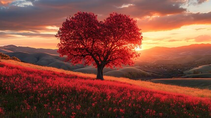 A heart shaped tree stands in the center background