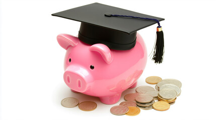 pink piggy bank wearing a graduation cap surrounded by coins on a white background, symbolizing saving for education and financial planning for students, perfect for scholarship campaigns