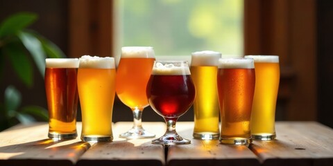 A Selection of Refreshing Golden and Amber Ales in Various Glassware on Wooden Table