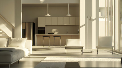 Neutral living room with sleek furniture and warm lighting.
