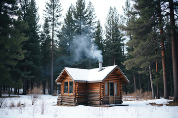 Cozy wooden cabin in snowy pine forest