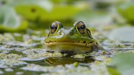 A green frog sits partially submerged in a pond amongst lily pads with large brown eyes