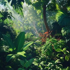 Obraz premium Lush Tropical Rainforest With Sunlight Streaming Through Dense Green Foliage