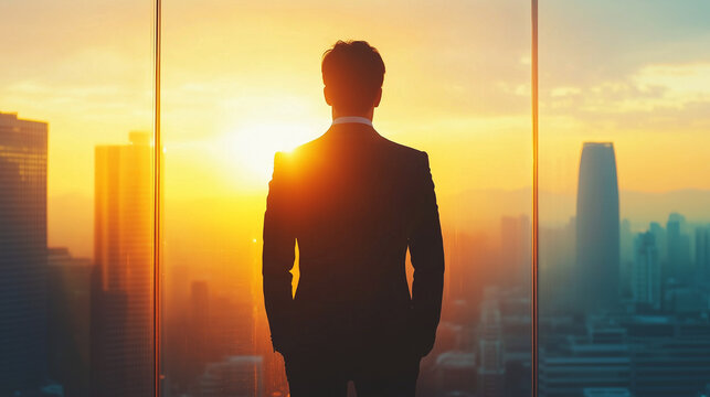 businessman standing in front of a city skyline at sunrise, gazing through glass windows with a golden glow, perfect for leadership themes, motivational campaigns, or corporate success visuals