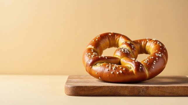 A freshly baked pretzel, sprinkled with grains, rests on a rustic wooden board against a neutral backdrop.  Its golden-brown crust and knotty shape suggest a delightful taste.