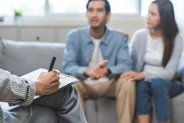 Psychology, Happy asian young woman and man couple love, consulting problem mental health together...