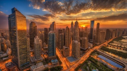 Obraz premium A stunning aerial view of a vibrant metropolitan city at sunset, featuring towering skyscrapers, glowing city lights, and bustling streets