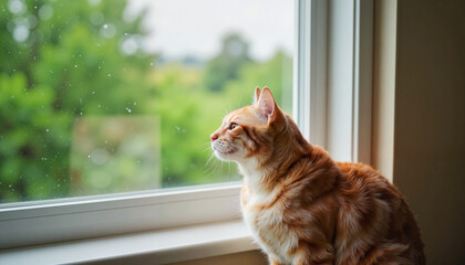 Curious ginger cat looking out the window at raindrops and greenery with a focused expression