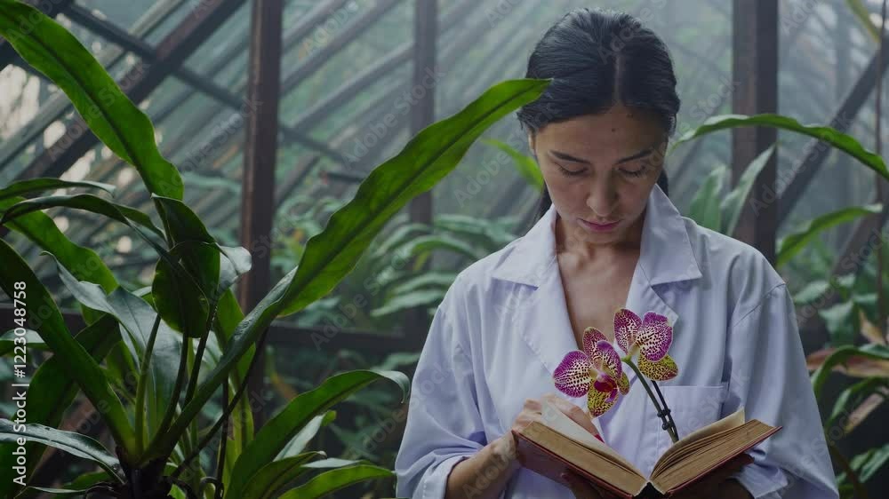 Poster reading in a greenhouse filled with lush plants and orchids, embracing the tranquility of nature whi