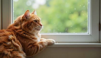 Beautiful ginger cat resting by the window, observing the raindrops with a thoughtful expression