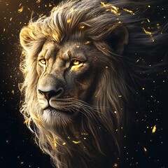 Naklejka premium Majestic Golden Lion Portrait with Fiery Mane and Glowing Eyes Against Dark Background