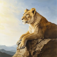 Naklejka premium Majestic Lioness on a Rocky Mountaintop at Sunset