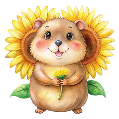 Groundhog Cute Kawaii Holding the national flower sunflower