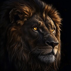 Naklejka premium Majestic Male Lion Portrait Golden Mane and Dark Background, Intense Gaze Wildlife Photography