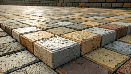 Fototapeta premium Textured paving stones arranged in a pattern with warm tones and soft lighting