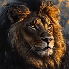 Fototapeta premium Majestic Male Lion Portrait Golden Hour and Dramatic Lighting