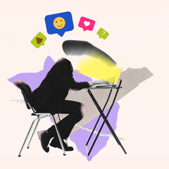 Person at desk leaning into laptop, surrounded by colorful icons, symbolizing immersion in online...