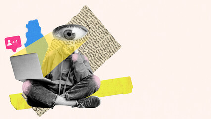 Creative art collage. Person, with eye instead of head, sitting with crossed legs, focused on screen of laptop with likes icons. Concept of social media, digital communication. Ad