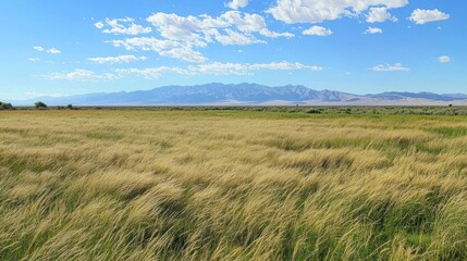 A field of tall grass gently swaying in the breeze with mountains in the distance."