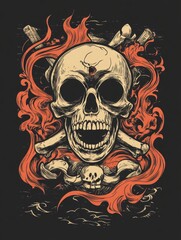 Skull Design with Flames and Crossed Bones in Vintage Style