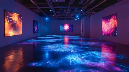 Modern Art Gallery Installation With Vibrant Nebula Projections and Reflective Floor