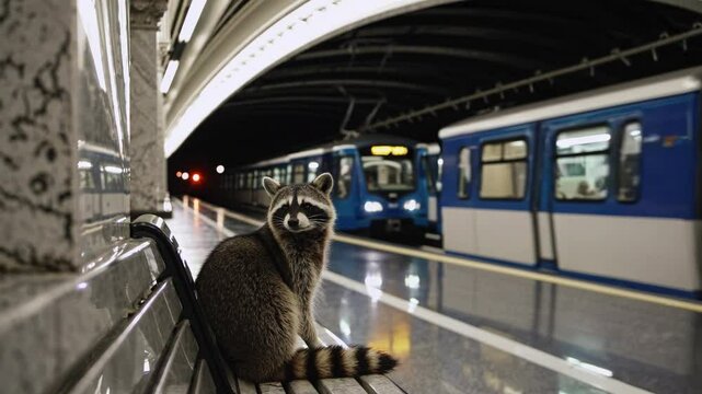 Raccoon sits on a bench in a dimly lit metro station, intently watching a passing train. The scene captures the intersection of urban life and wildlife in a bustling city environment