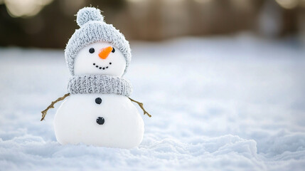 Obraz premium Adorable snowman with a knitted hat and scarf, perfect for holiday greeting cards and winter-themed promotions
