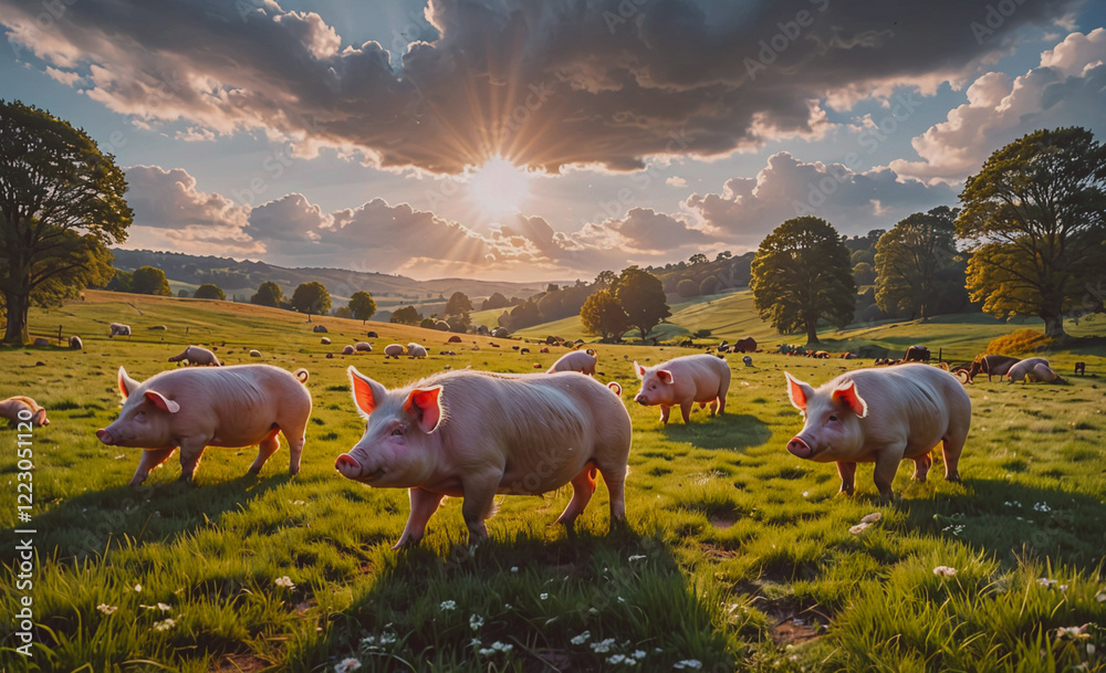 Poster group of pigs are grazing in a field with a cloudy sky in the background. scene is peaceful and sere