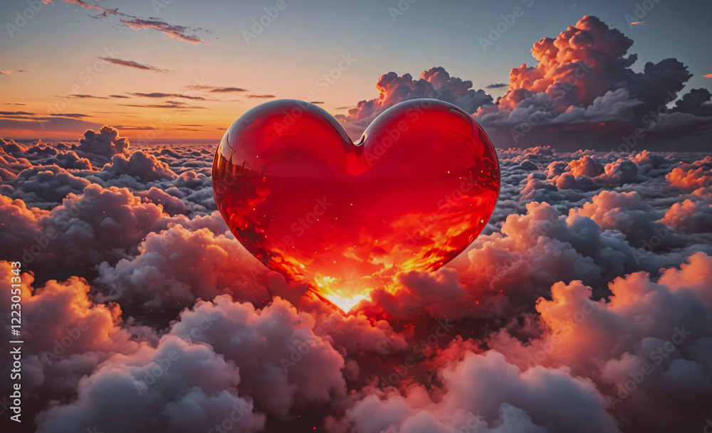 Aufkleber heart is floating in the sky, surrounded by clouds. the heart is red and he is glowing. the scene is