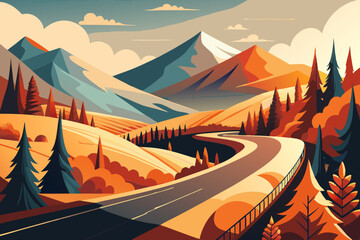 Flat Vector Illustration of an Empty Road Through Autumn Mountains