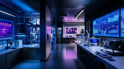 Modern Data Center Interior with Blue and Purple Lighting, High Tech Server Room with Multiple Screens Displaying Data
