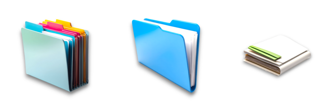 Isolated folder trio on transparent background, perfect for organizational visuals
