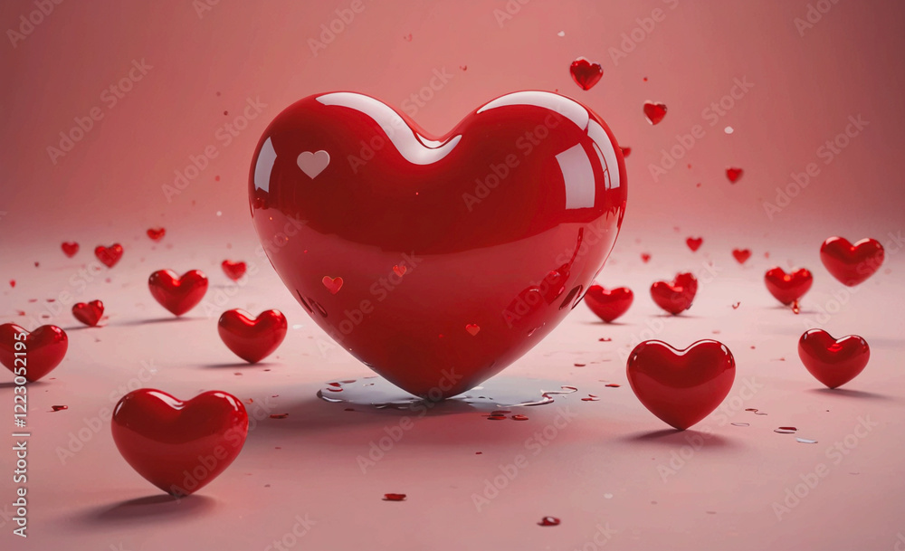 Poster heart made of many red hearts is on a pink background. the heart is surrounded by many other hearts,